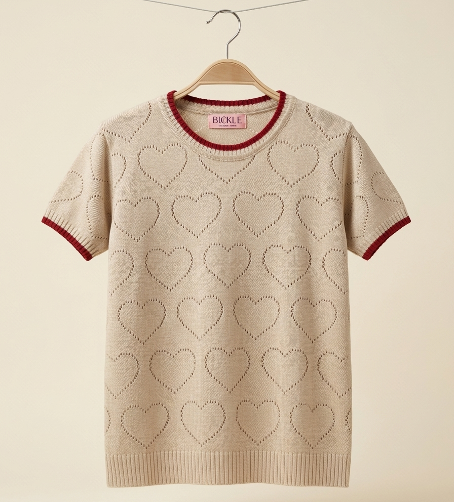 Blusa Blossom beige con corazones calados y borde vino tejido de punto premium.