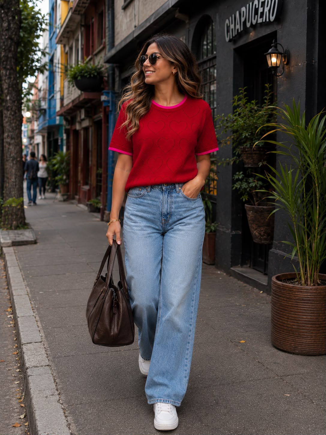 Blusa Blossom roja de manga corta tejida con corazones estilo urbano chic.