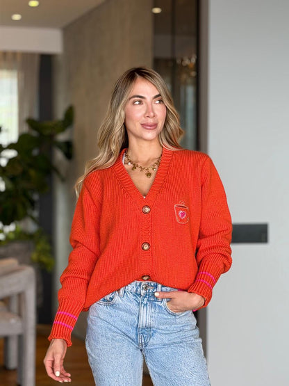 ardigan naranja mujer detalles fucsia bordado moderno Tejidos Buckle