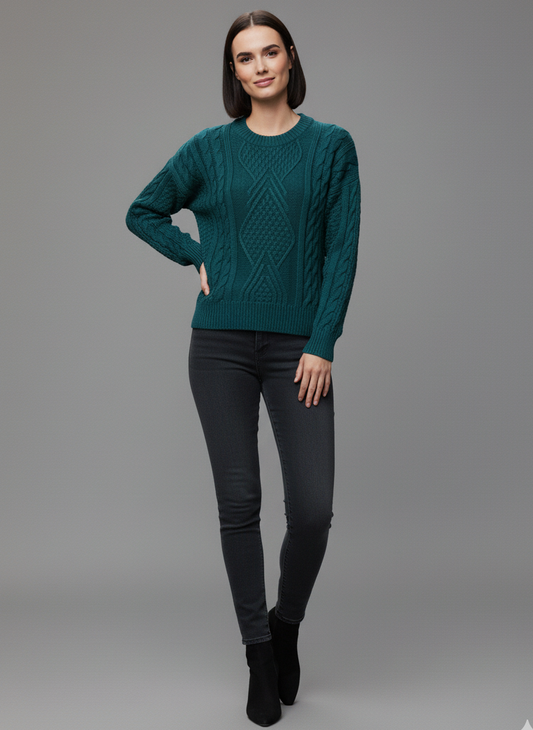 Buzo Palma sueter de trenzas Aran color azul petroleo mujer hecho en Colombia Tejidos Buckle