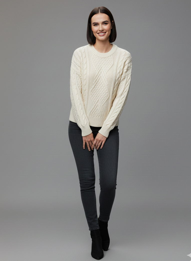 Buzo Palma sueter de trenzas Aran color marfil mujer hecho en Colombia Tejidos Buckle