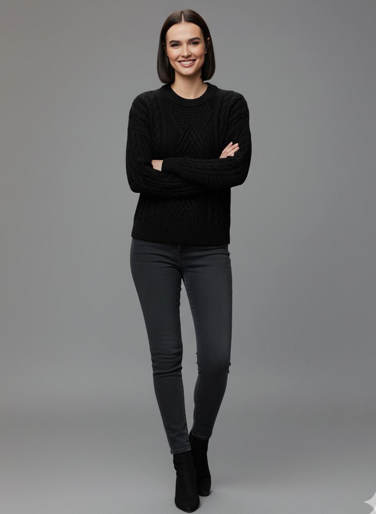 Buzo Palma sueter de trenzas Aran color negro mujer hecho en Colombia Tejidos Buckle