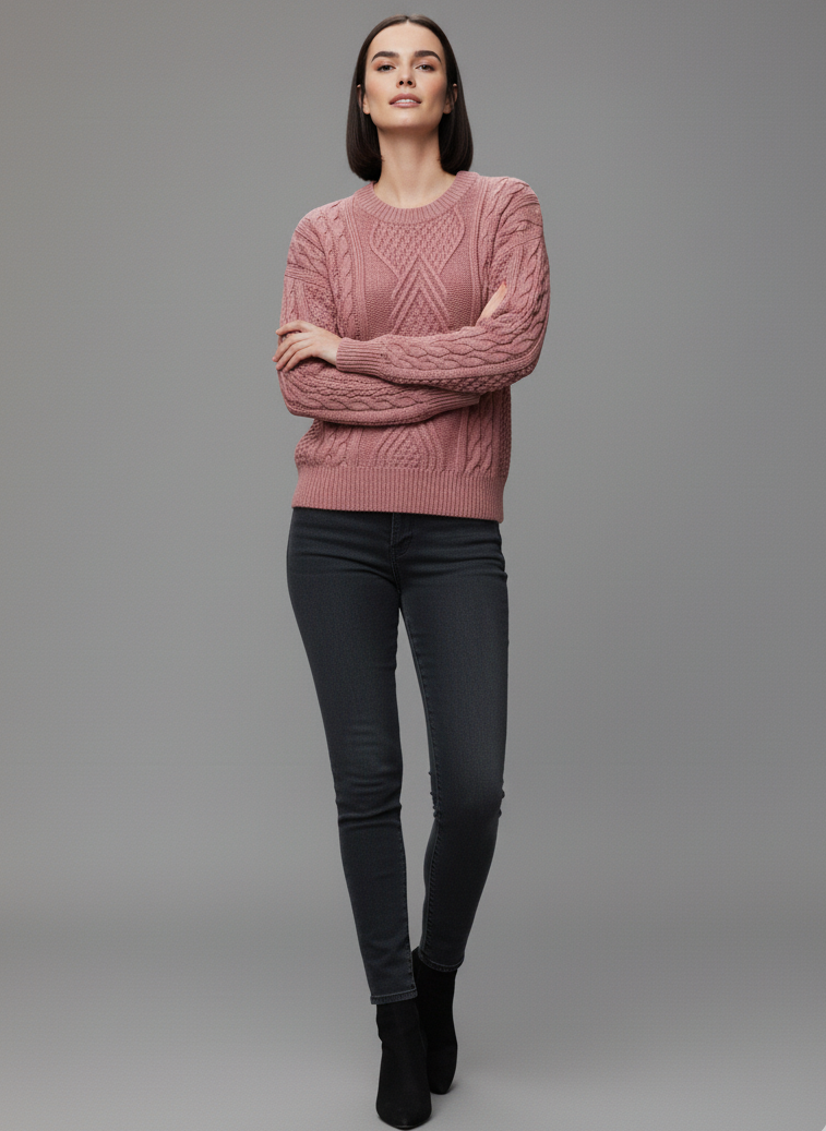 Buzo Palma sueter de trenzas Aran color palo de rosa mujer hecho en Colombia Tejidos Buckle