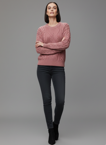 Buzo Palma sueter de trenzas Aran color palo de rosa mujer hecho en Colombia Tejidos Buckle
