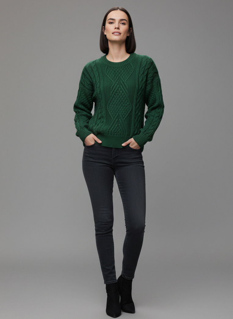 Buzo Palma sueter de trenzas Aran color verde mujer hecho en Colombia Tejidos Buckle