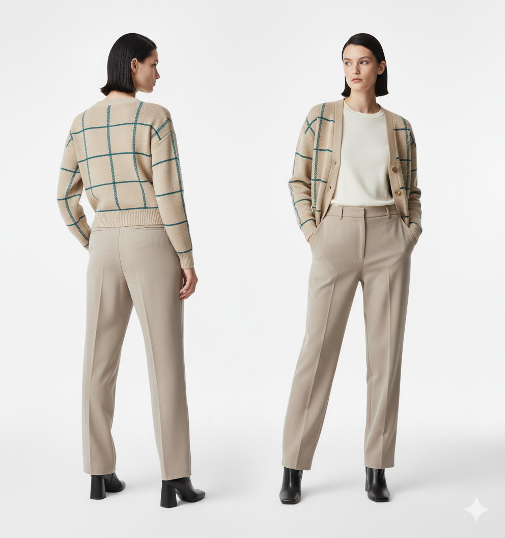 Cardigan Beirut beige con cuadros azul petroleo mujer elegante Tejidosbuckle