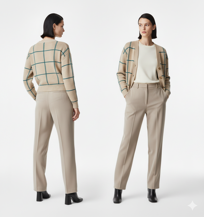 Cardigan Beirut beige con cuadros azul petroleo mujer elegante Tejidosbuckle