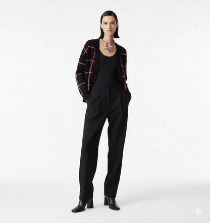 Cardigan Beirut negro con cuadros fucsia mujer diseño abierto tejidosbuckle