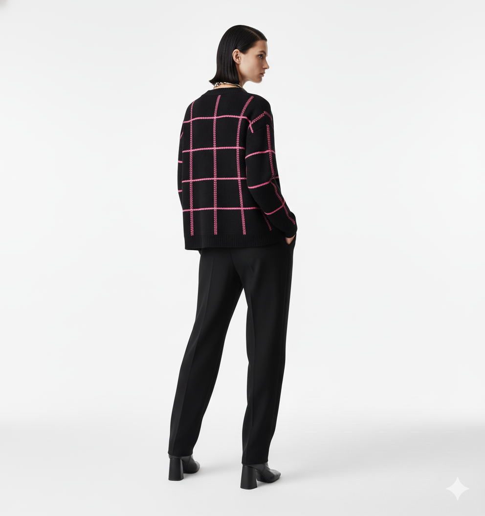 Cardigan Beirut negro con cuadros fucsia mujer diseño abierto tejidosbuckle