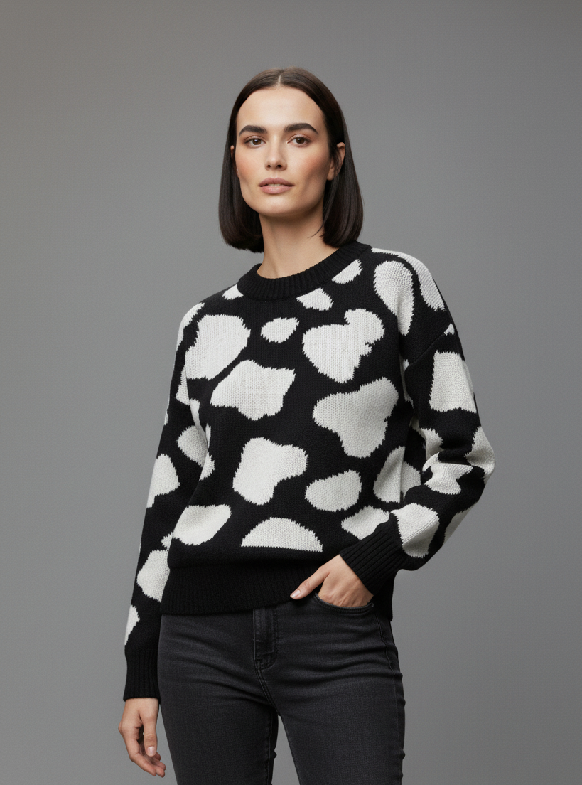 Buzo Print Bold negro con manchas marfil sueter de punto moderno hecho en Colombia