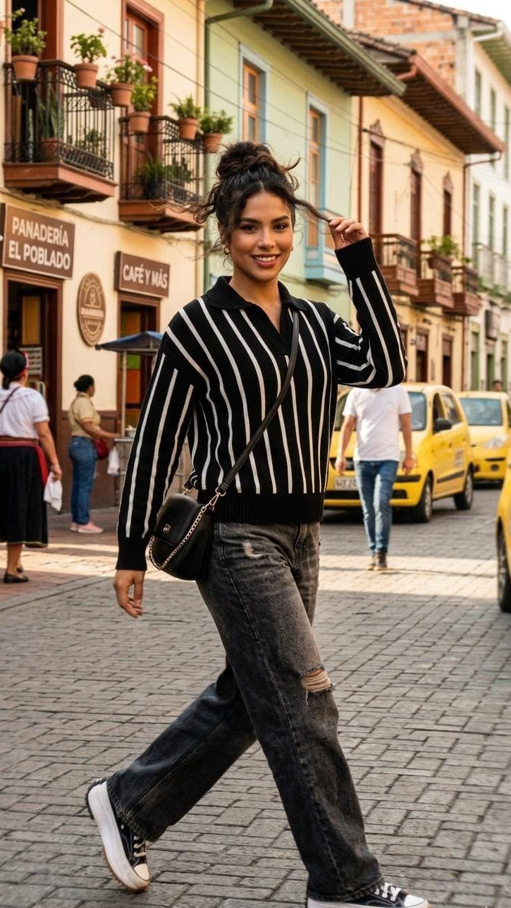 Buzo River negro con rayas blancas verticales estilo moderno hecho en Colombia.