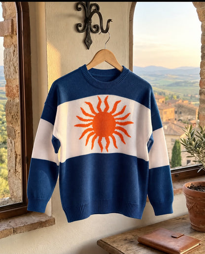 Buzo Sunset tejido azul para mujer con rayas blancas y sol naranja – Tejidos Buckle