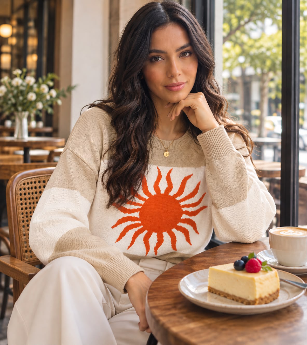 Buzo Sunset tejido beige para mujer con rayas claras y sol naranja – Tejidos Buckle