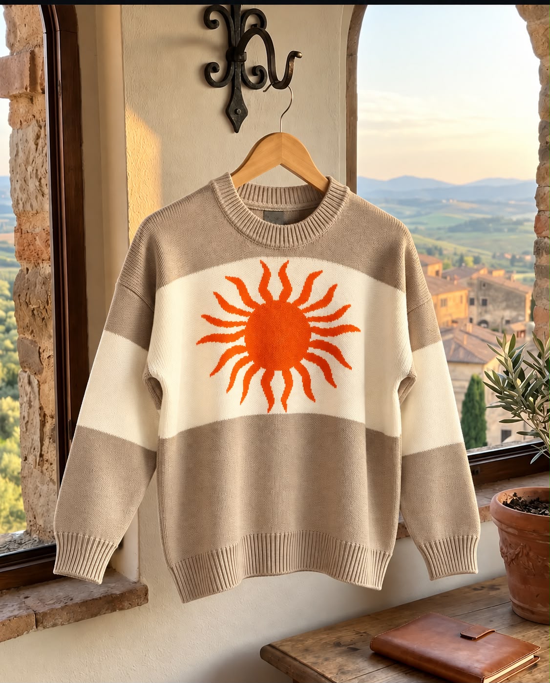 Buzo Sunset tejido beige para mujer con rayas claras y sol naranja – Tejidos Buckle