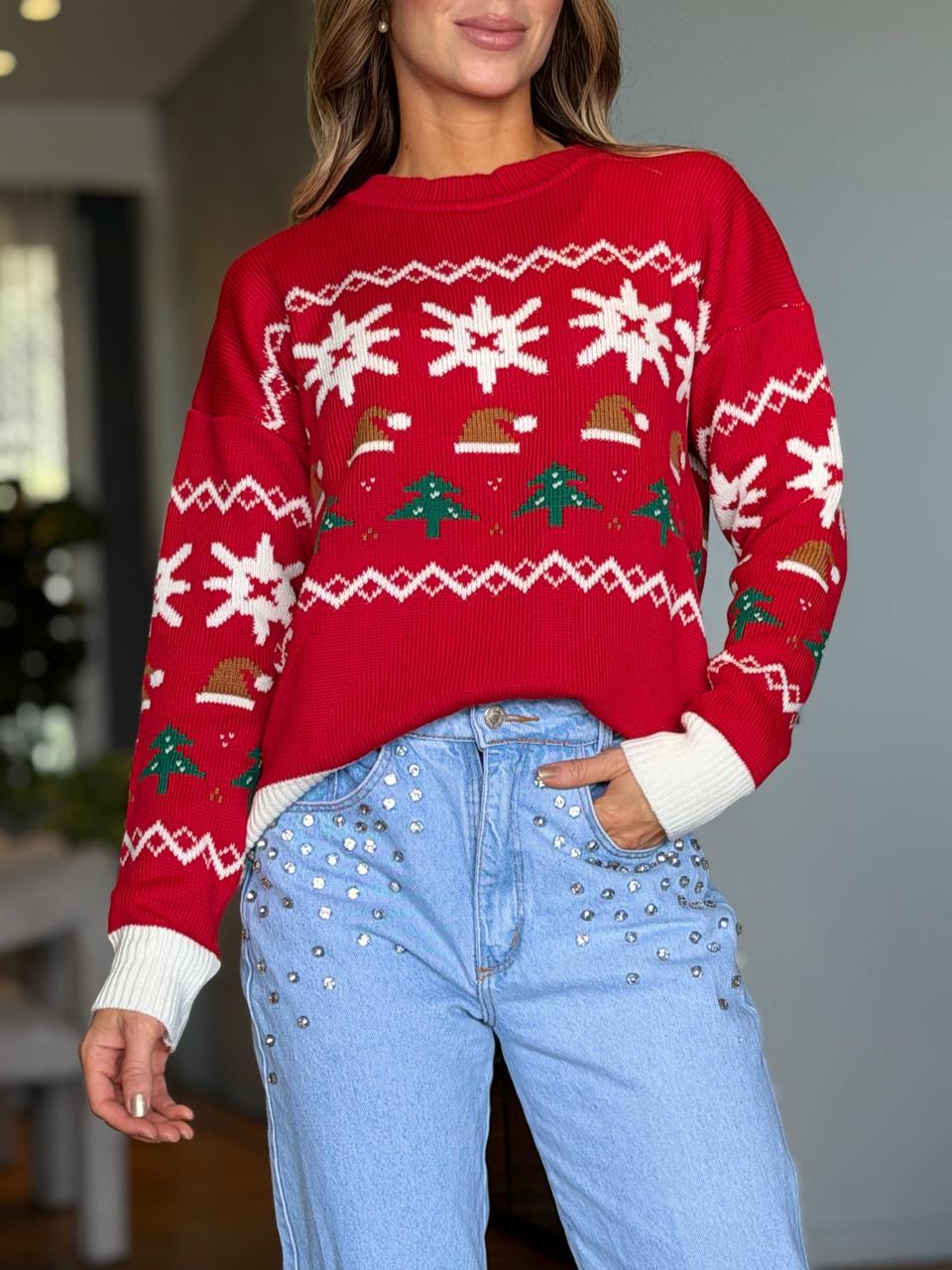 Buzo navideño Ginebra rojo con diseño tejido de gorros, arbolitos y copos de nieve tejidos buckle