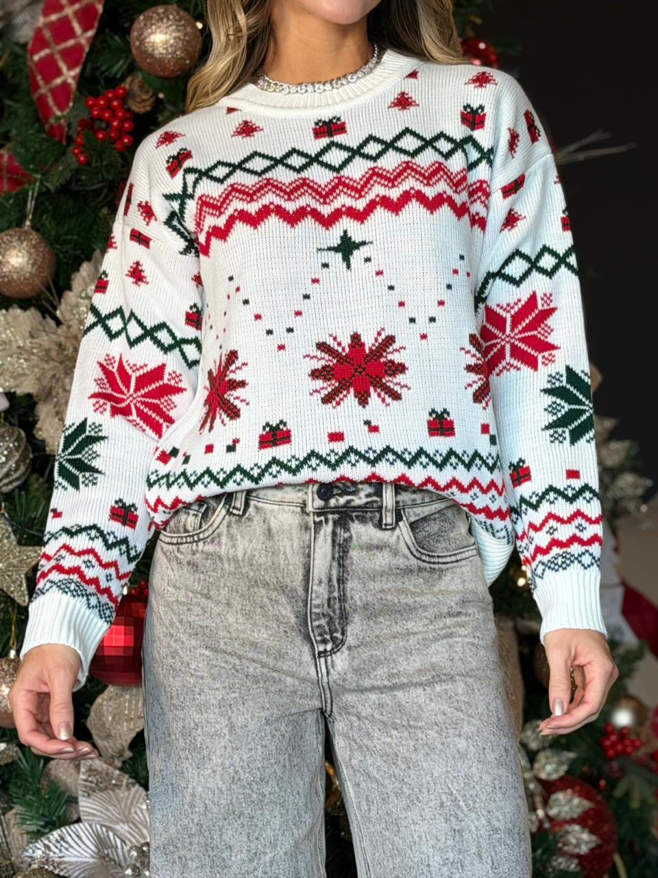 Buzo navideño Praga con copos de nieve y regalos tejidos, modelo mujer. tejidos buckle