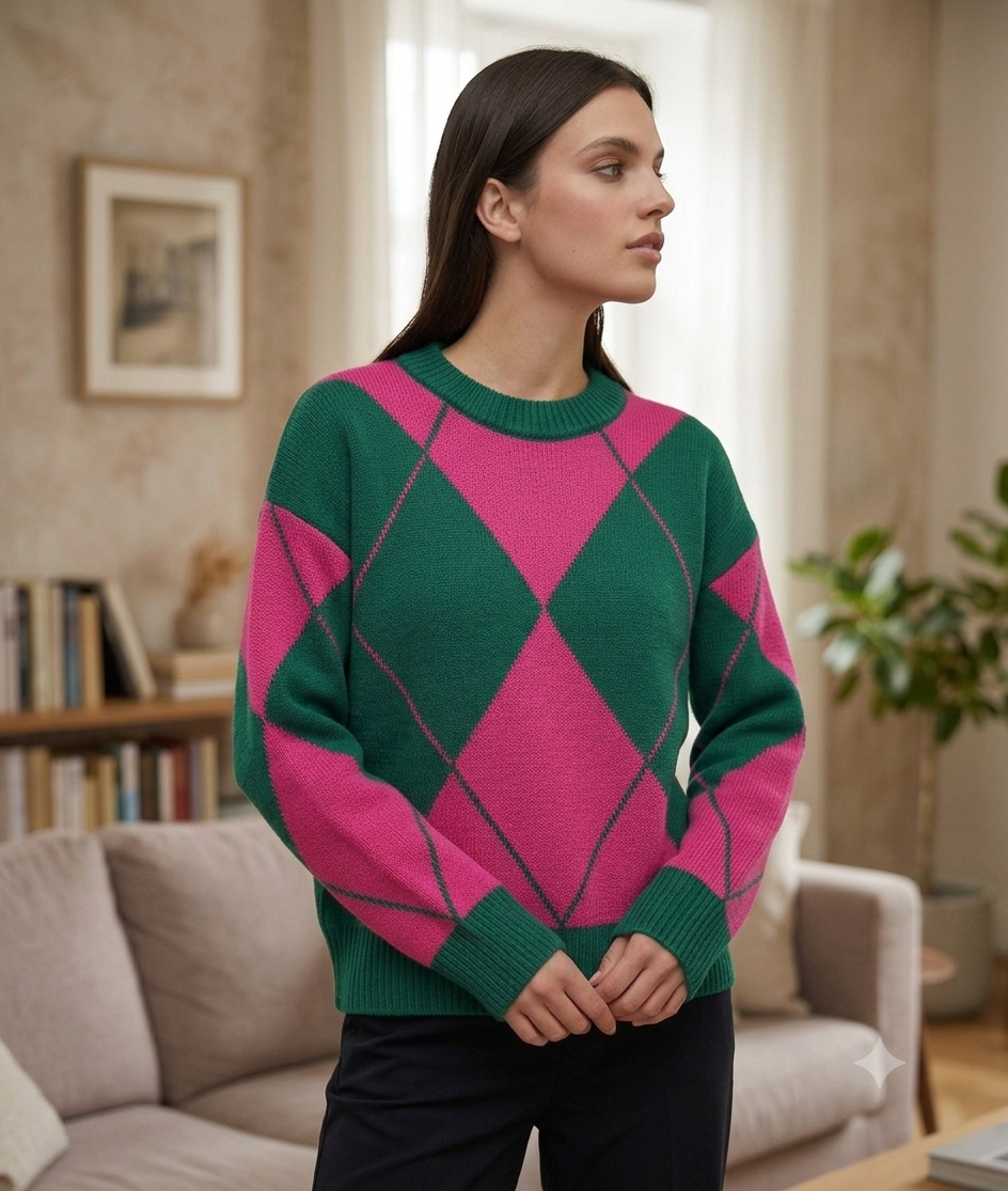 Buzo Noruega verde esmeralda con rombos fucsia vibrante diseño geometrico hecho en Colombia.